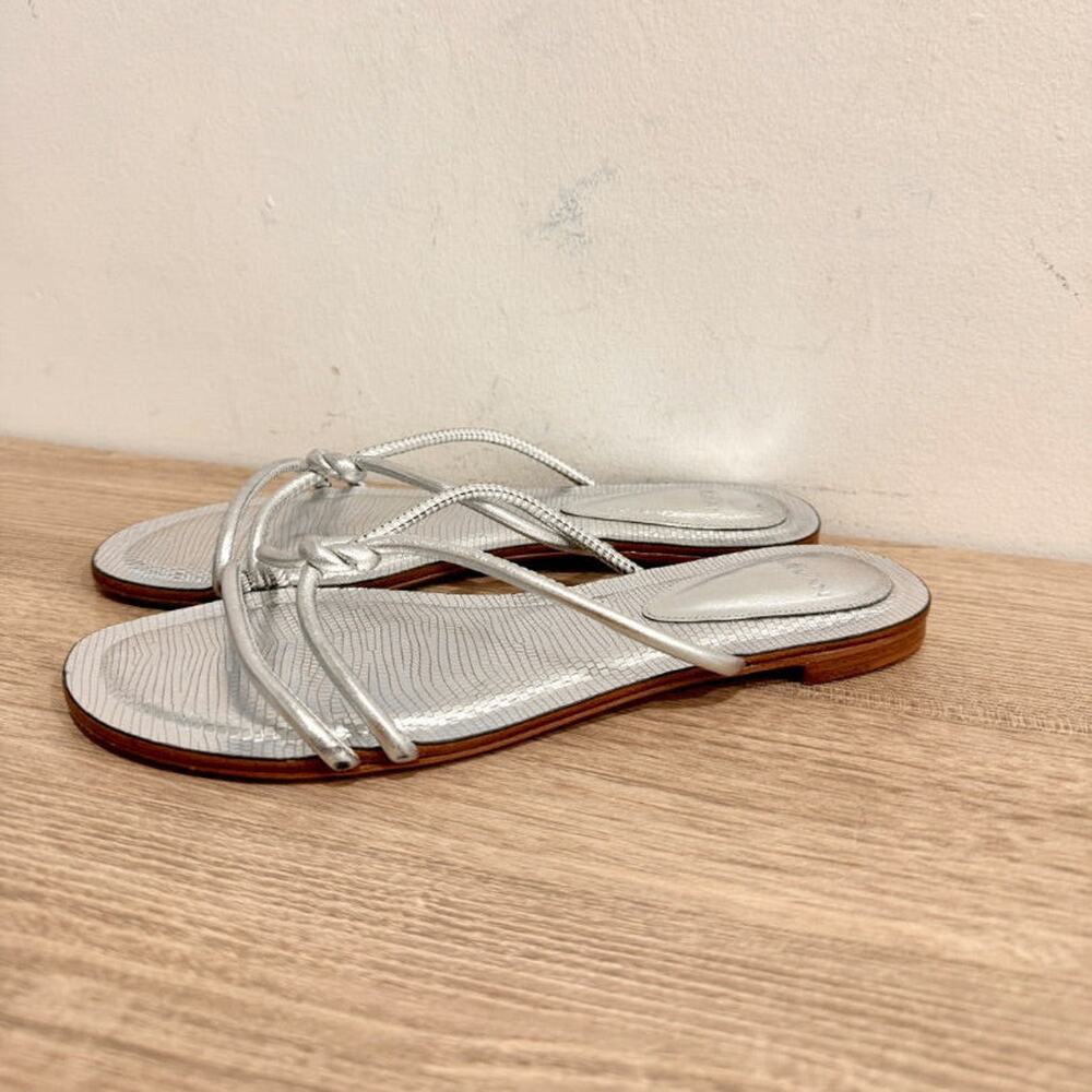 Alexandre Birman Metallic Leather Slip On Flat Sandals Silver Women's Size EU 38